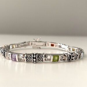 Tennis bracelet with multi color faceted gems, Silver 925, double safety clasp